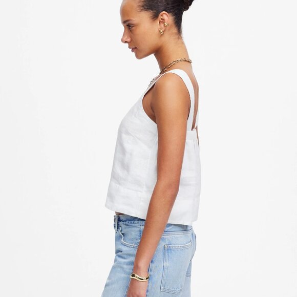 Madewell Contrast-Stitch Squareneck Top in 100% Linen in Salt, Size Small - Picture 3 of 9